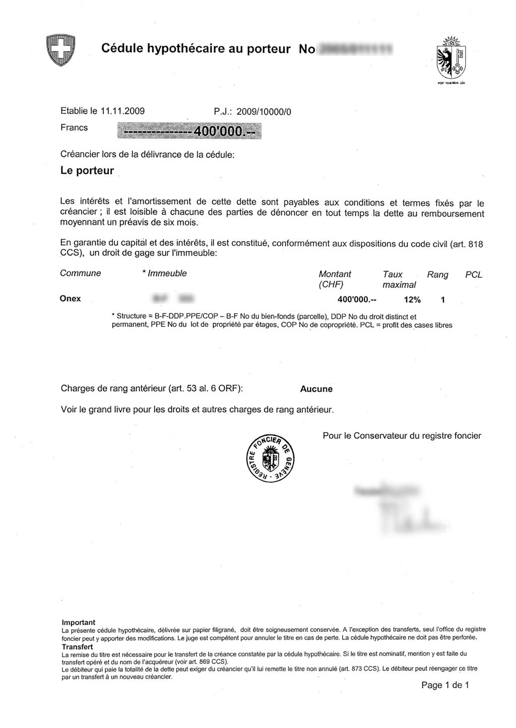 Esempio di un certificato ipotecario