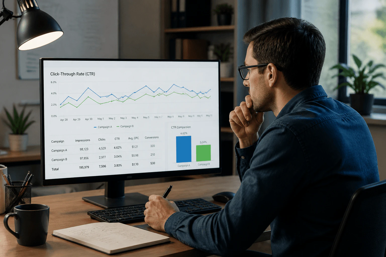 Search Console performance table showing impressions, clicks, and CTR by page