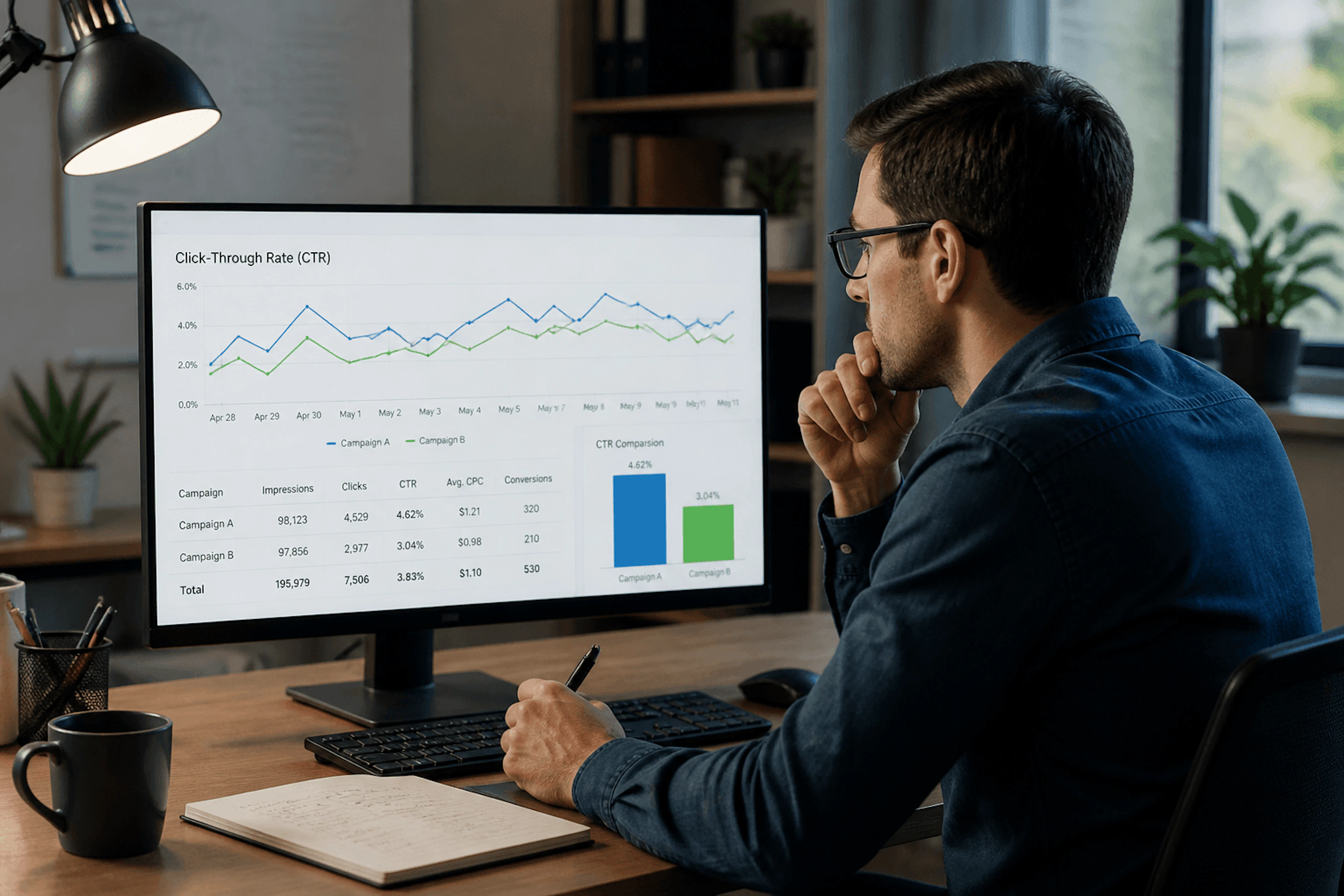 Search Console performance table showing impressions, clicks, and CTR by page