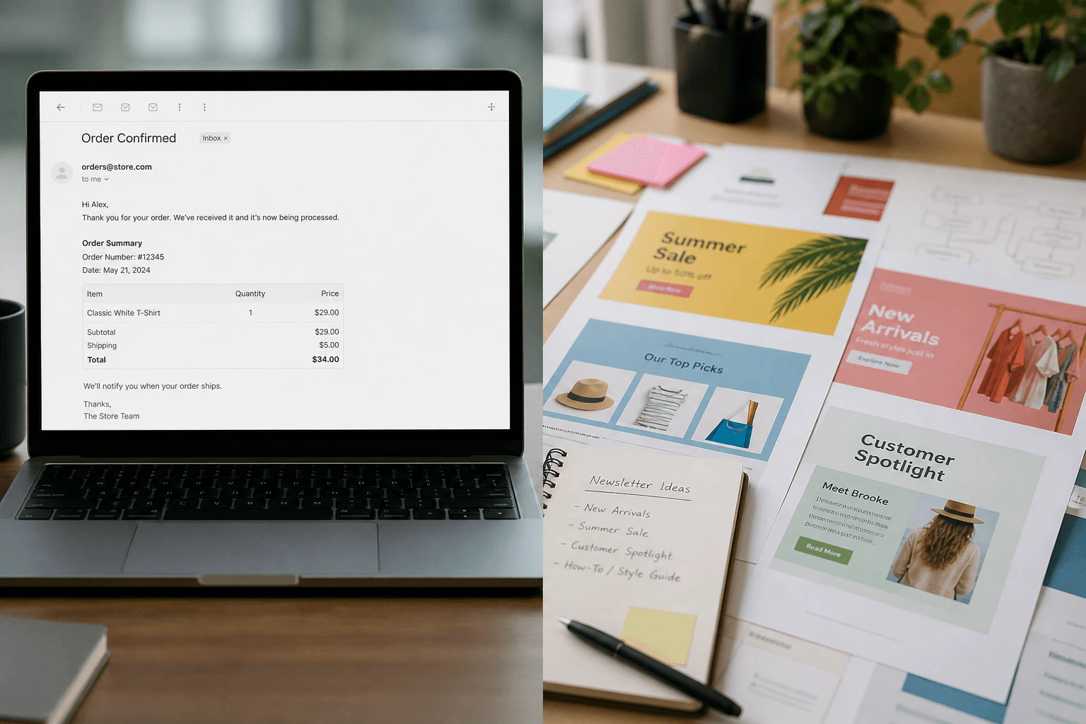 Two email drafts side by side, one short and transactional, one visual and promotional