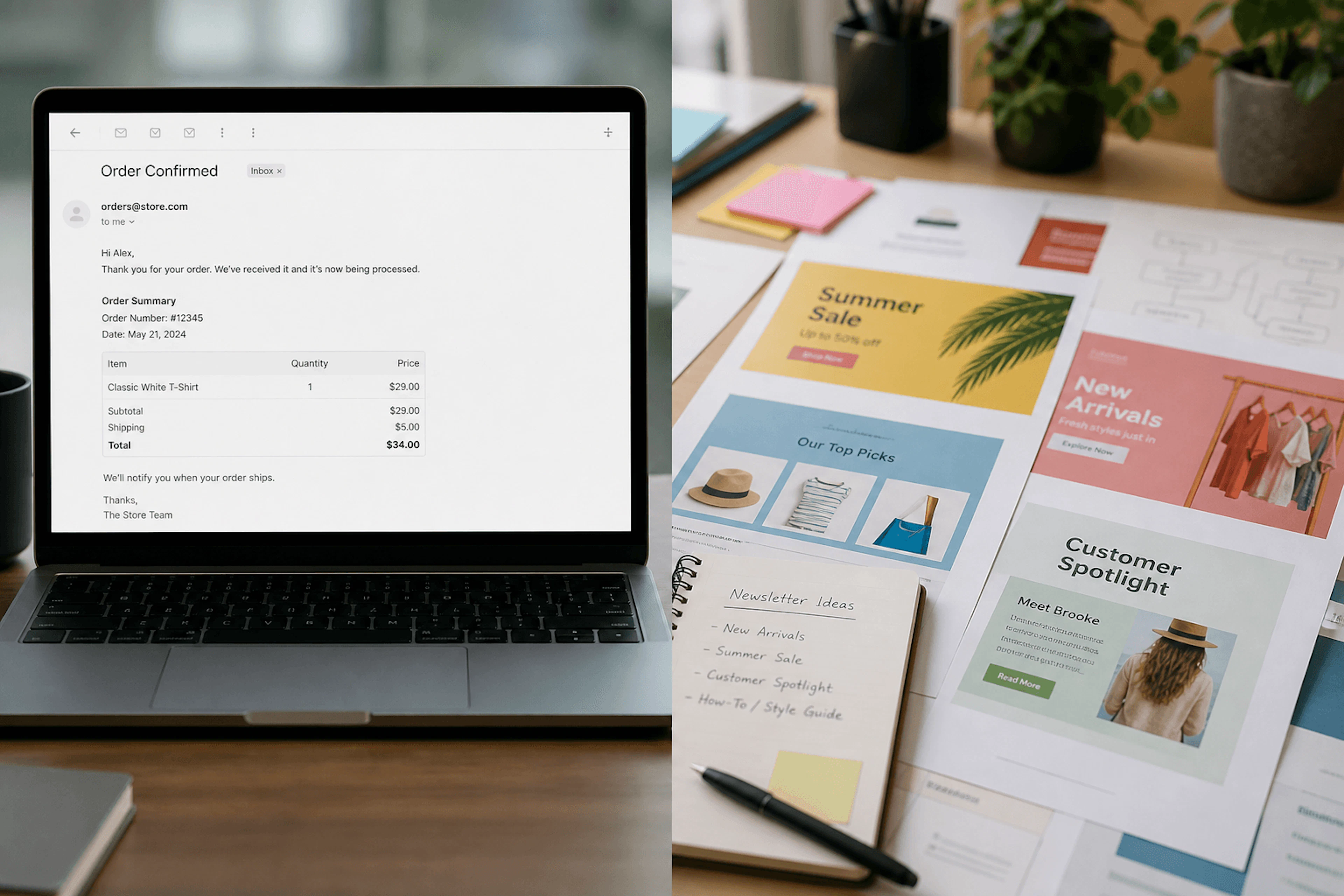 Two email drafts side by side, one short and transactional, one visual and promotional