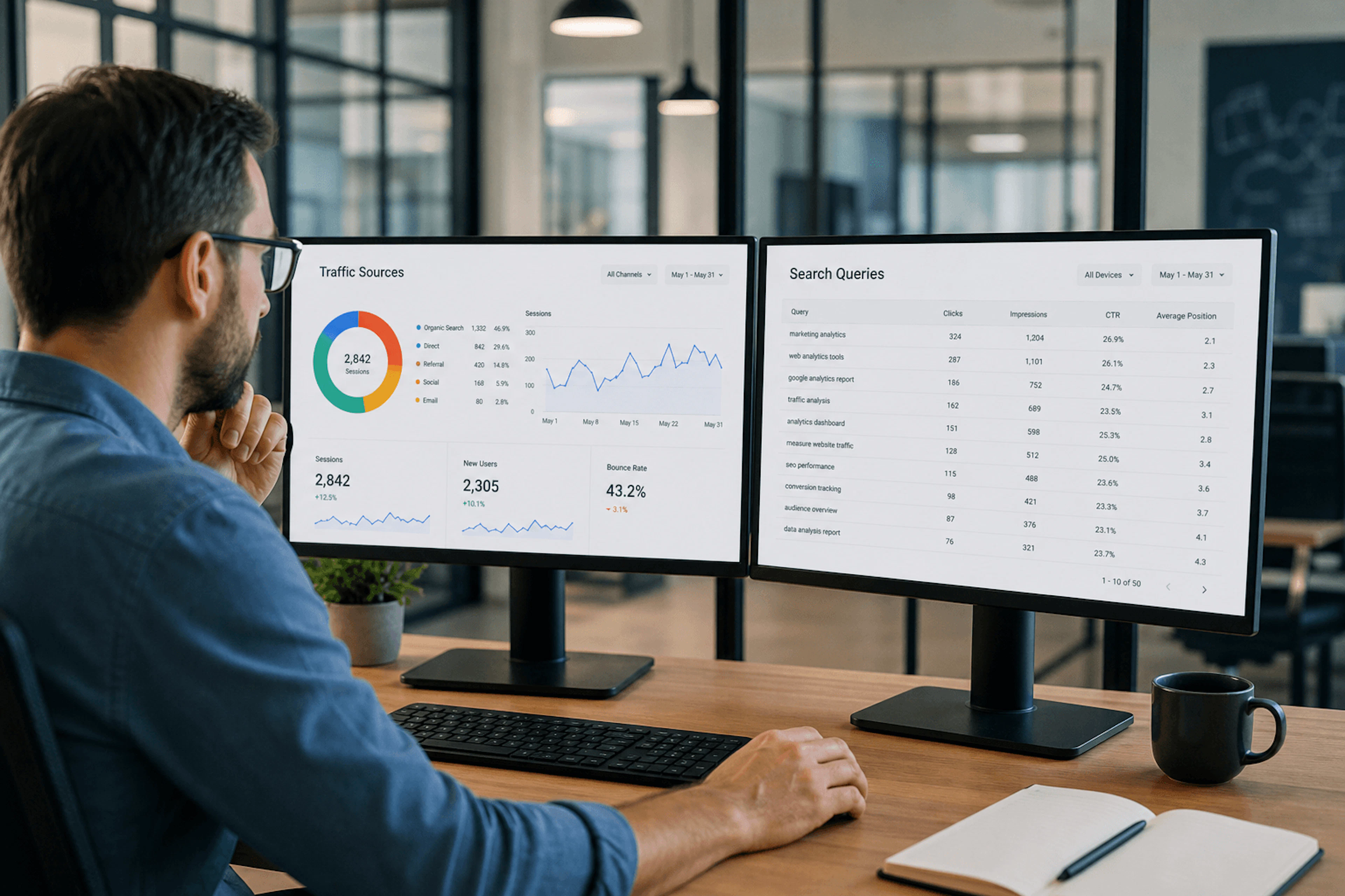 Split screen comparing Search Console queries and GA4 events dashboards