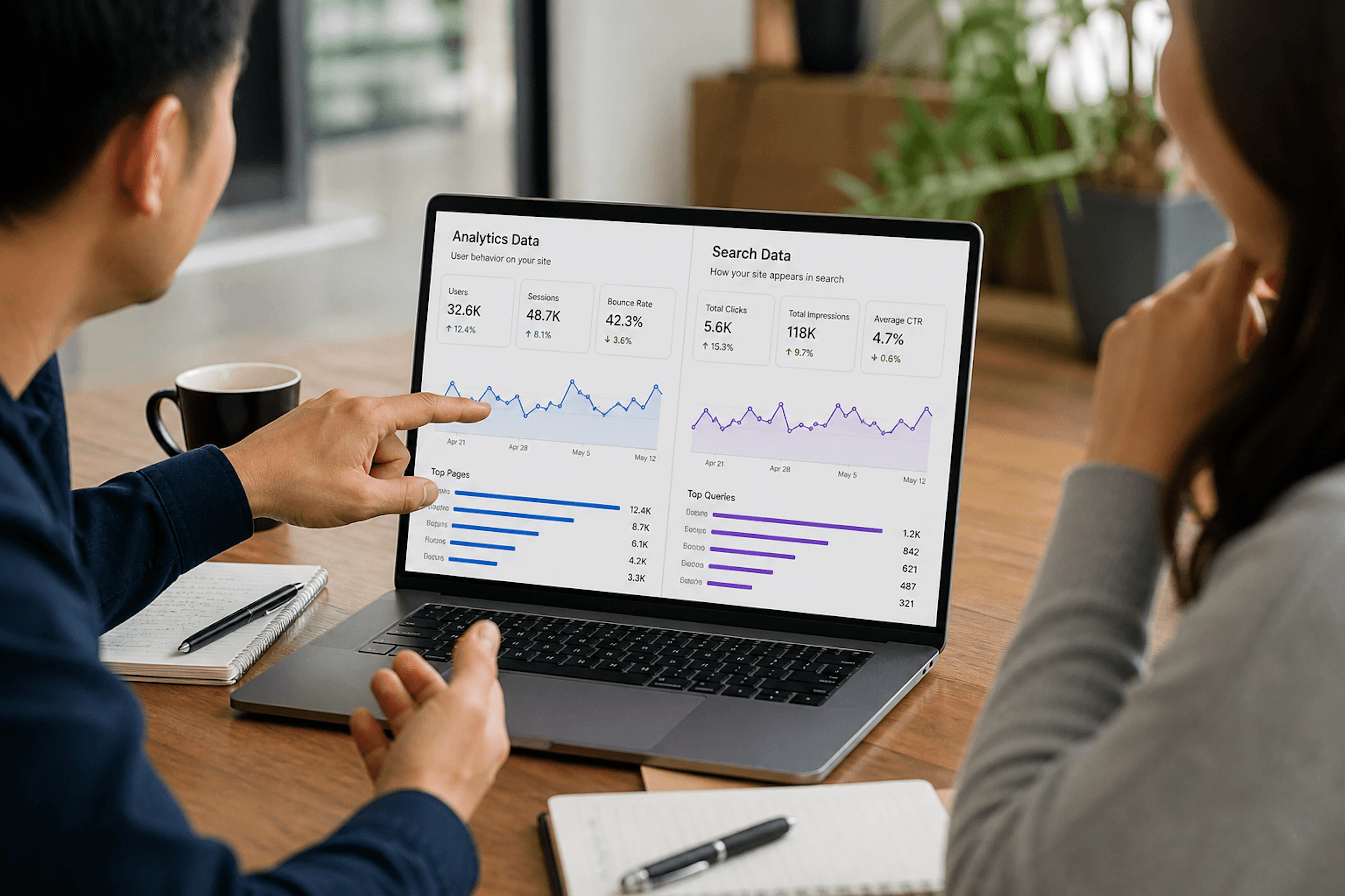 Marketer comparing analytics reports on a laptop screen
