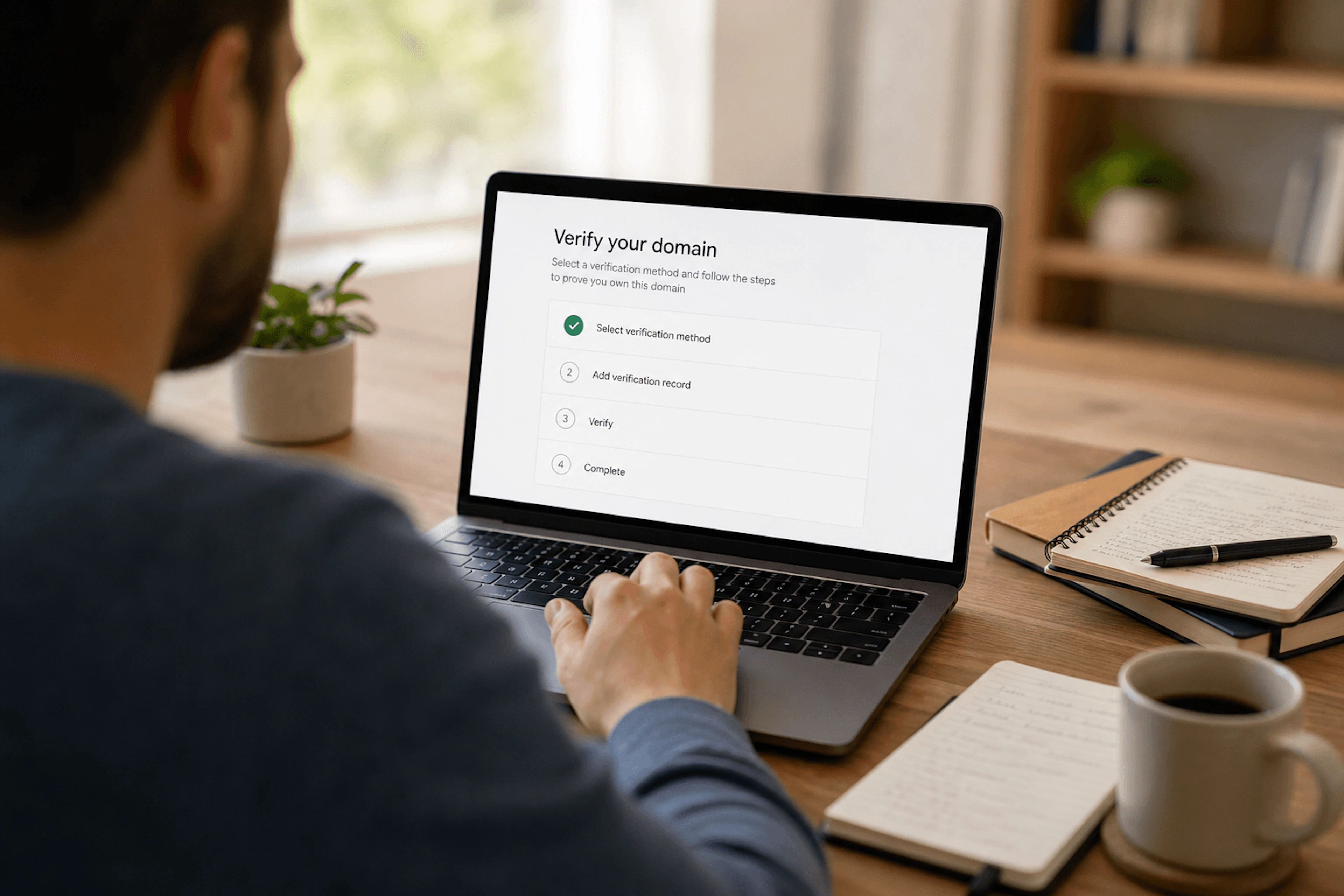 Person verifying a website property on a laptop