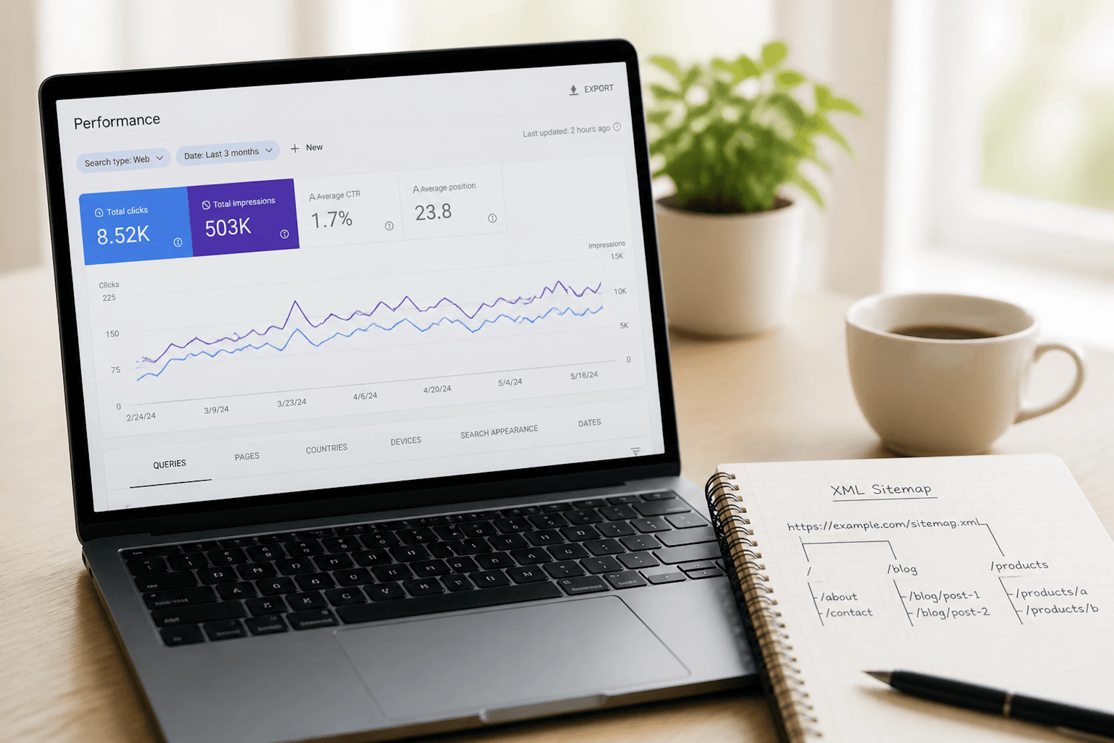Search Console Performance report showing queries, clicks, and impressions