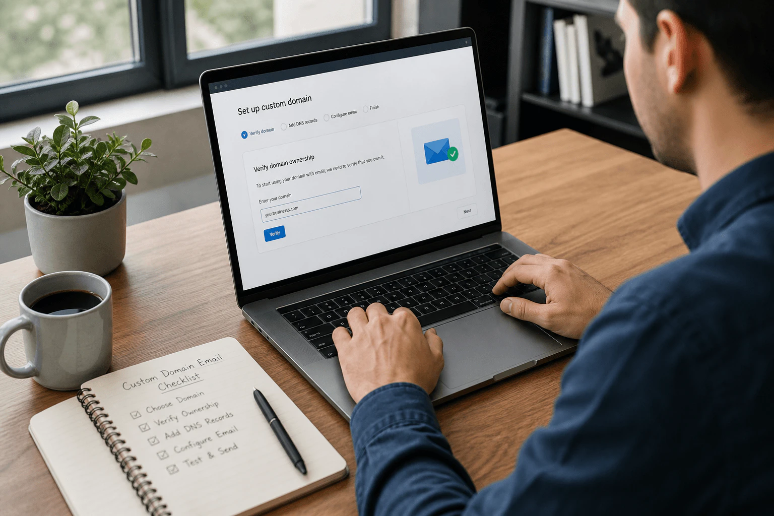 Small business owner replying to a customer email from a laptop at a desk