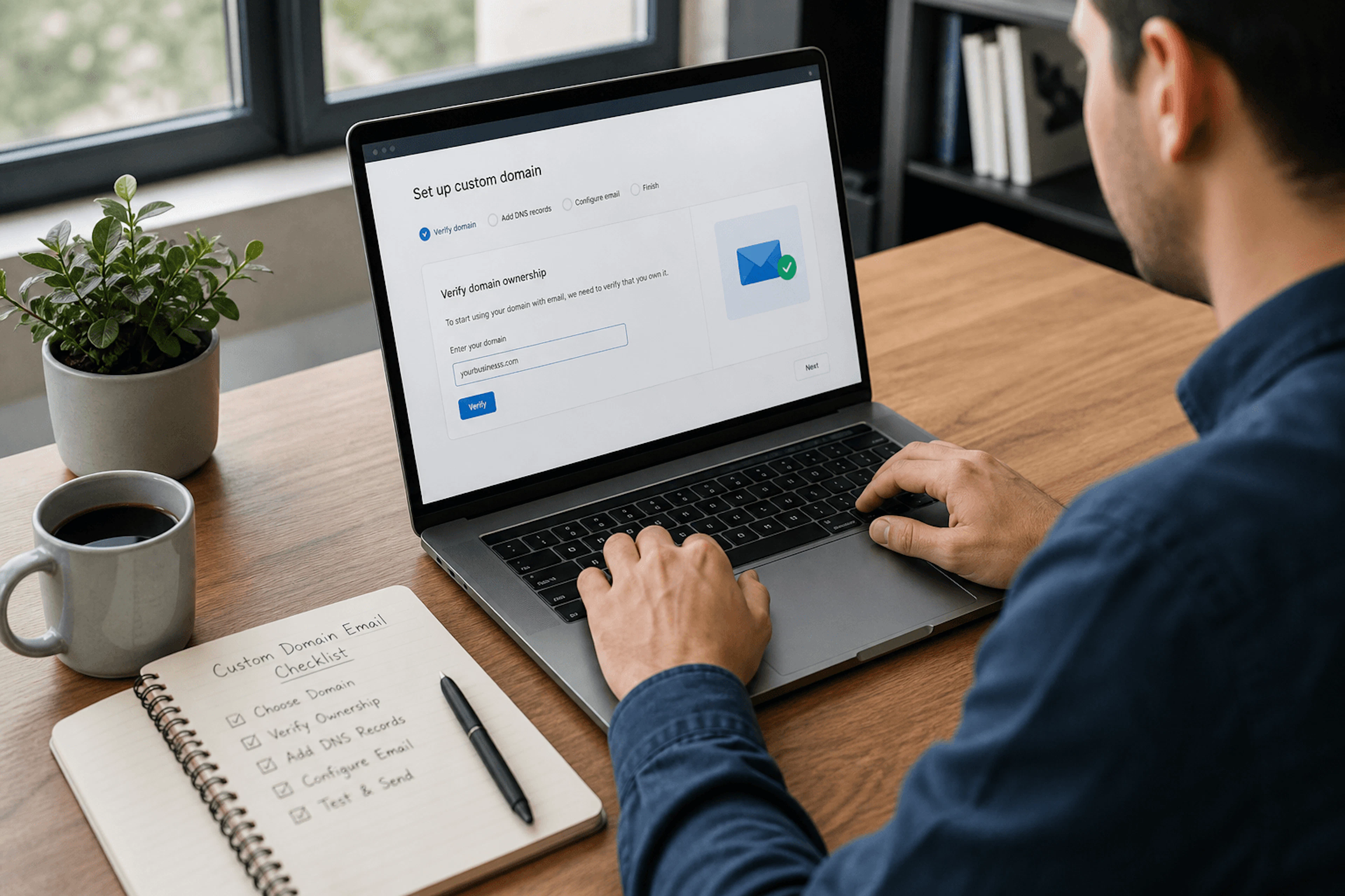Small business owner replying to a customer email from a laptop at a desk