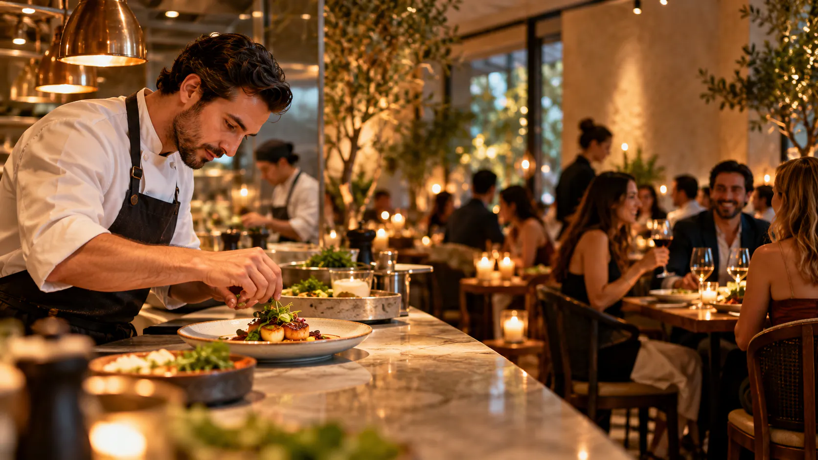 Chef carefully plating a dish in a warmly lit restaurant while guests enjoy their dining experience.