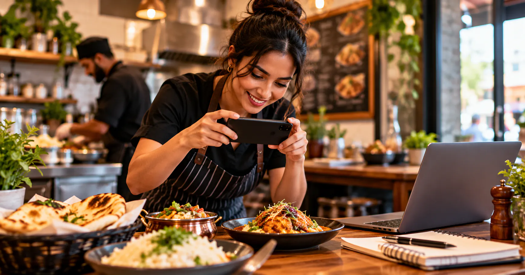 Small restaurant owner photographing freshly prepared dishes with a smartphone to create social media marketing content.