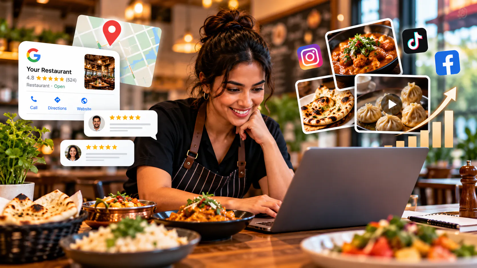 Restaurant owner using a laptop to manage digital marketing, Google reviews, social media, and online promotions to attract more customers.