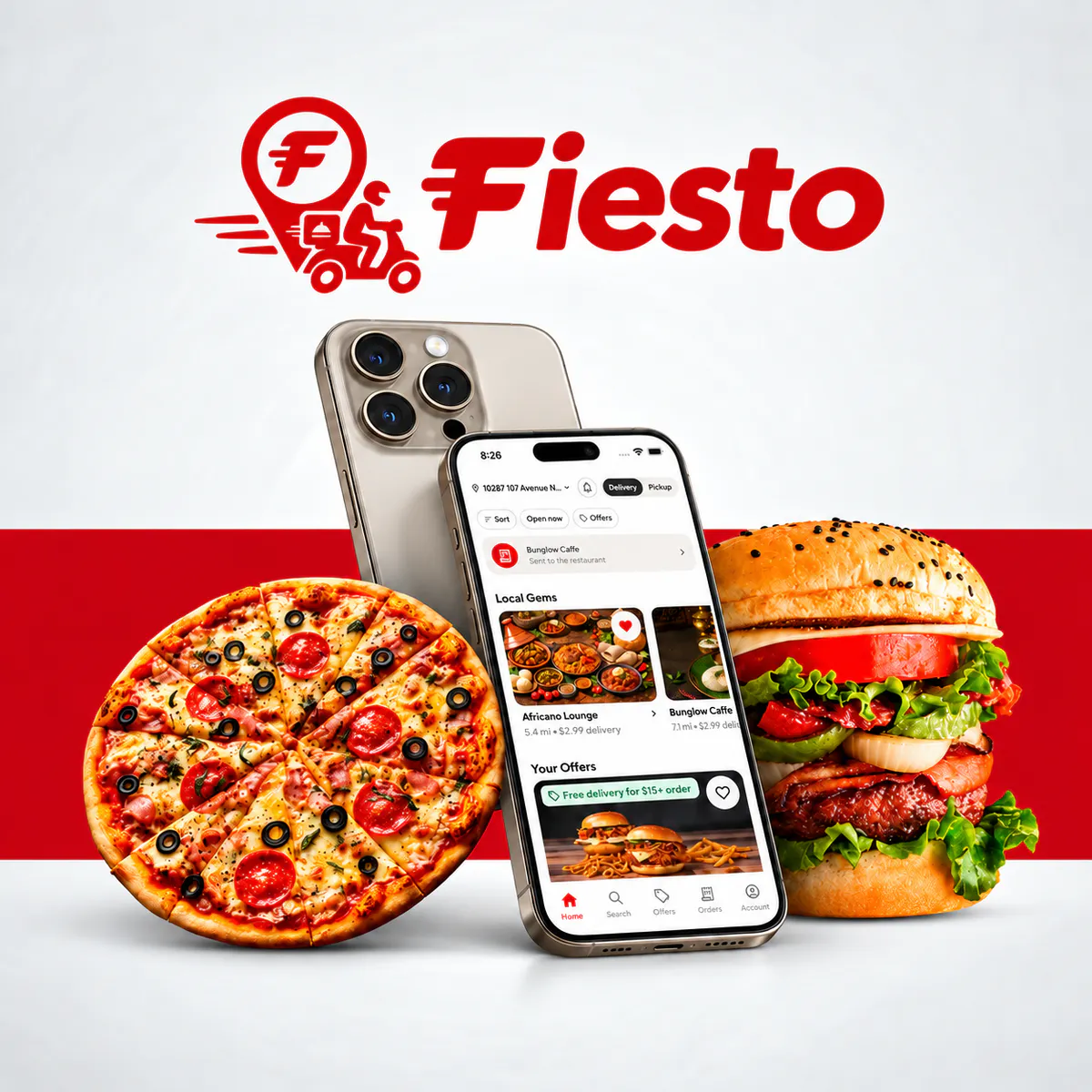 Fiesto food delivery app displayed on a smartphone alongside a pizza and burger, highlighting local restaurant discovery and online food ordering.