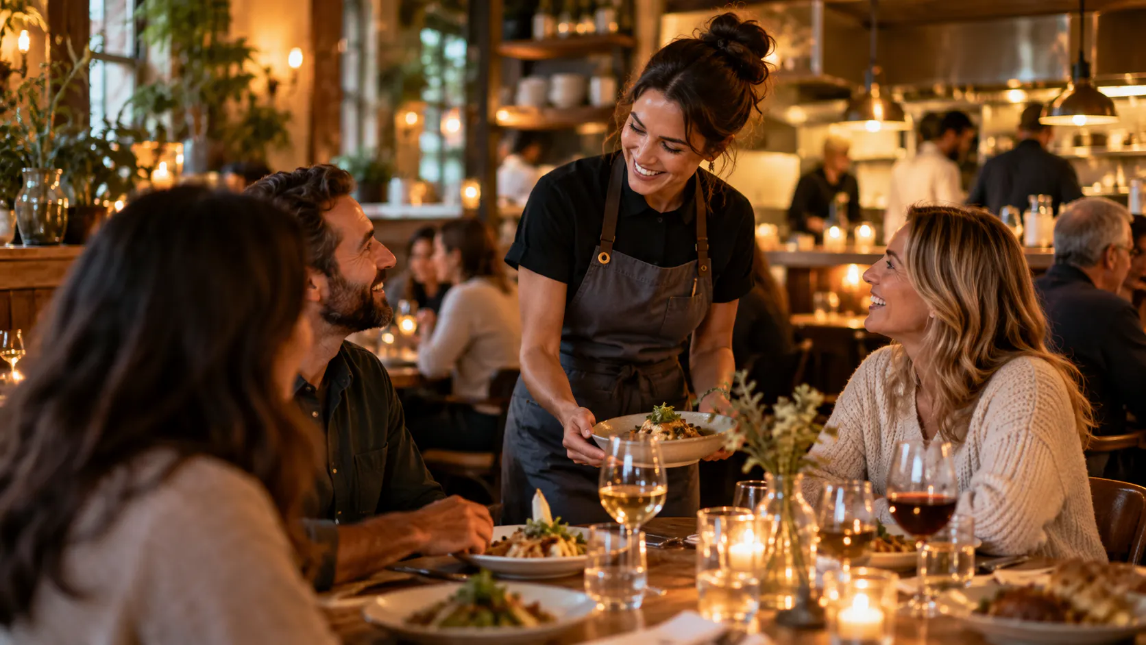 Friendly restaurant server smiling while serving food to happy guests in a warm, welcoming dining atmosphere.