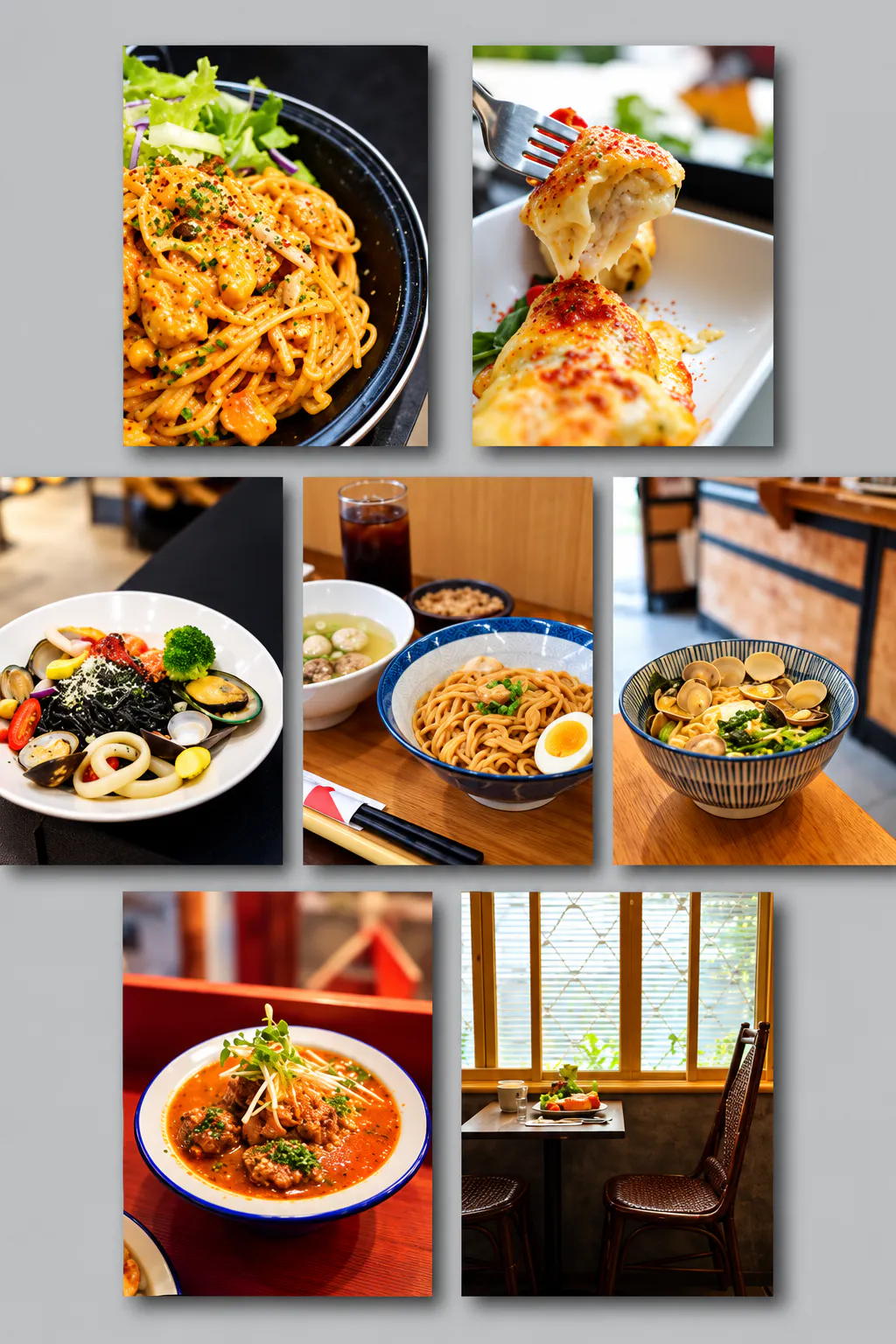 Collage of restaurant food photography featuring pasta, seafood, noodles, and other dishes for social media marketing.