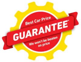 Best car price guarantee badge in read and yellow with slogan won't be beaten on price
