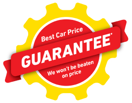 Best car price guarantee badge in read and yellow with slogan won't be beaten on price