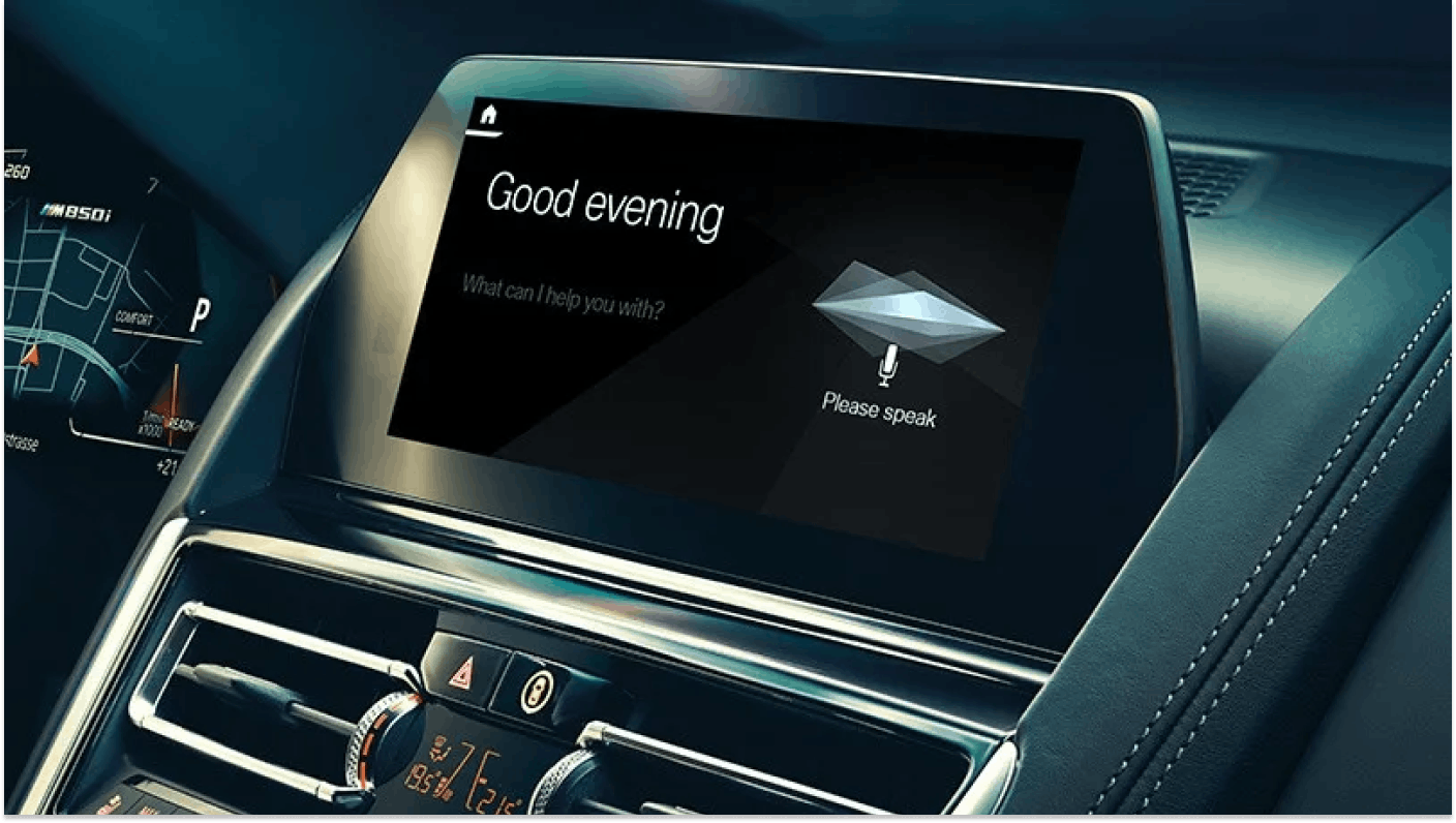 In-car display screen showing AI welcome message