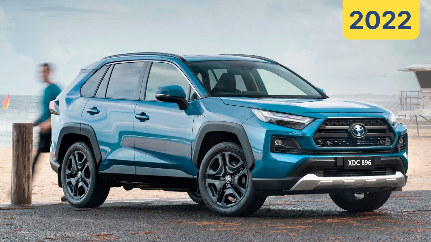 2022 Toyota RAV4 in blue parked by a beach