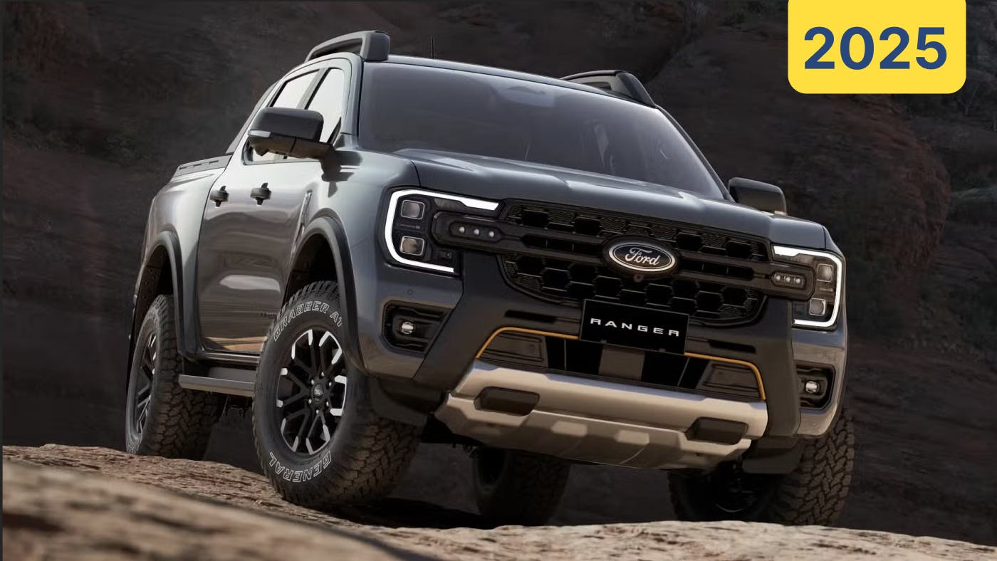 2025 Ford Ranger in dark grey parked on rocks