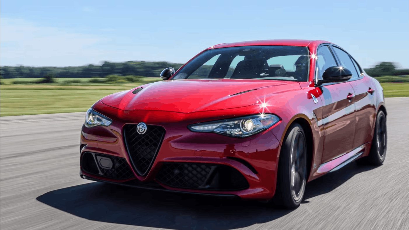 Image of red Alfa Romeo Giulia Quadrifoglio on race track