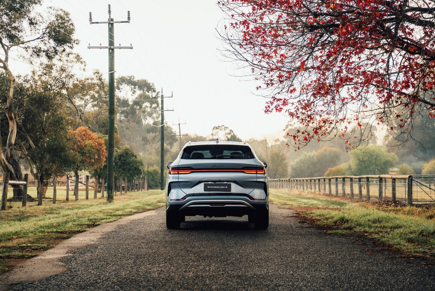 BYD electric vehicle on a scenic country road