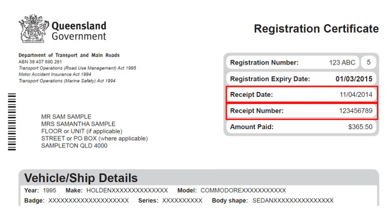 Sample of QLD Vehicle Registration Certificate