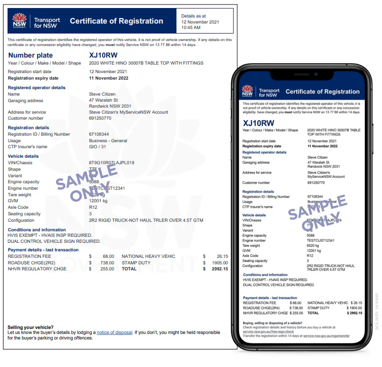 Sample NSW Vehicle Registration Certificate. Digital and paper copy