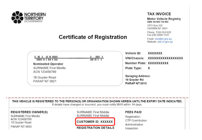 Sample of a NT Vehicle Registration Certificate
