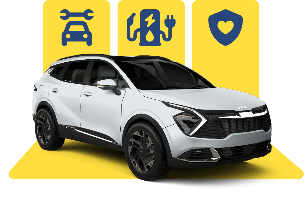 Image of white SUV on a graphic depicting icons for servicing, fuel and insurance to illustrate novated leasing