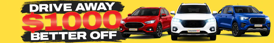 Banner displaying promo for Drive Away $1000 Better Off with three cars on a yellow background