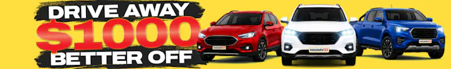 Banner displaying promo for Drive Away $1000 Better Off with three cars on a yellow background