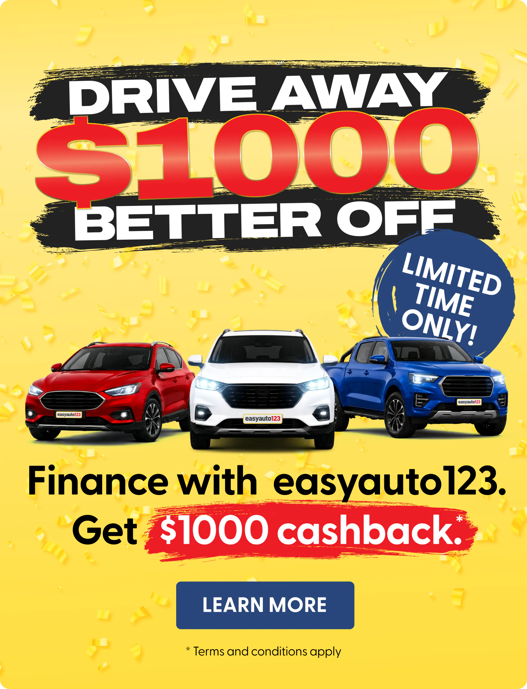 Banner displaying promo for Drive Away $1000 Better Off – Finance with easyauto123. Get $1000 cashback. T&Cs apply.