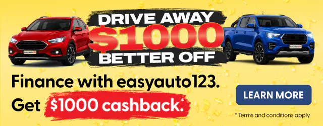 Banner displaying promo for Drive Away $1000 Better Off – Finance with easyauto123. Get $1000 cashback. T&Cs apply.