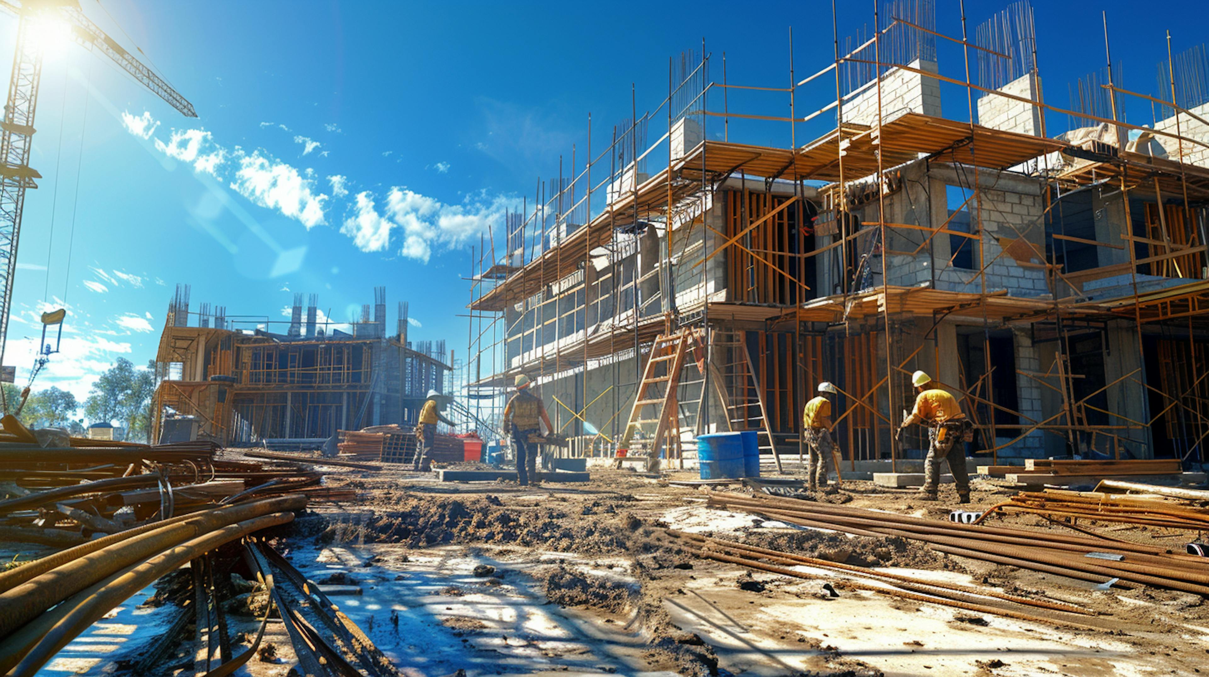 Active construction site under bright sunlight with workers in safety gear, scaffolding, and building materials, showcasing Eagle Decor's project progress