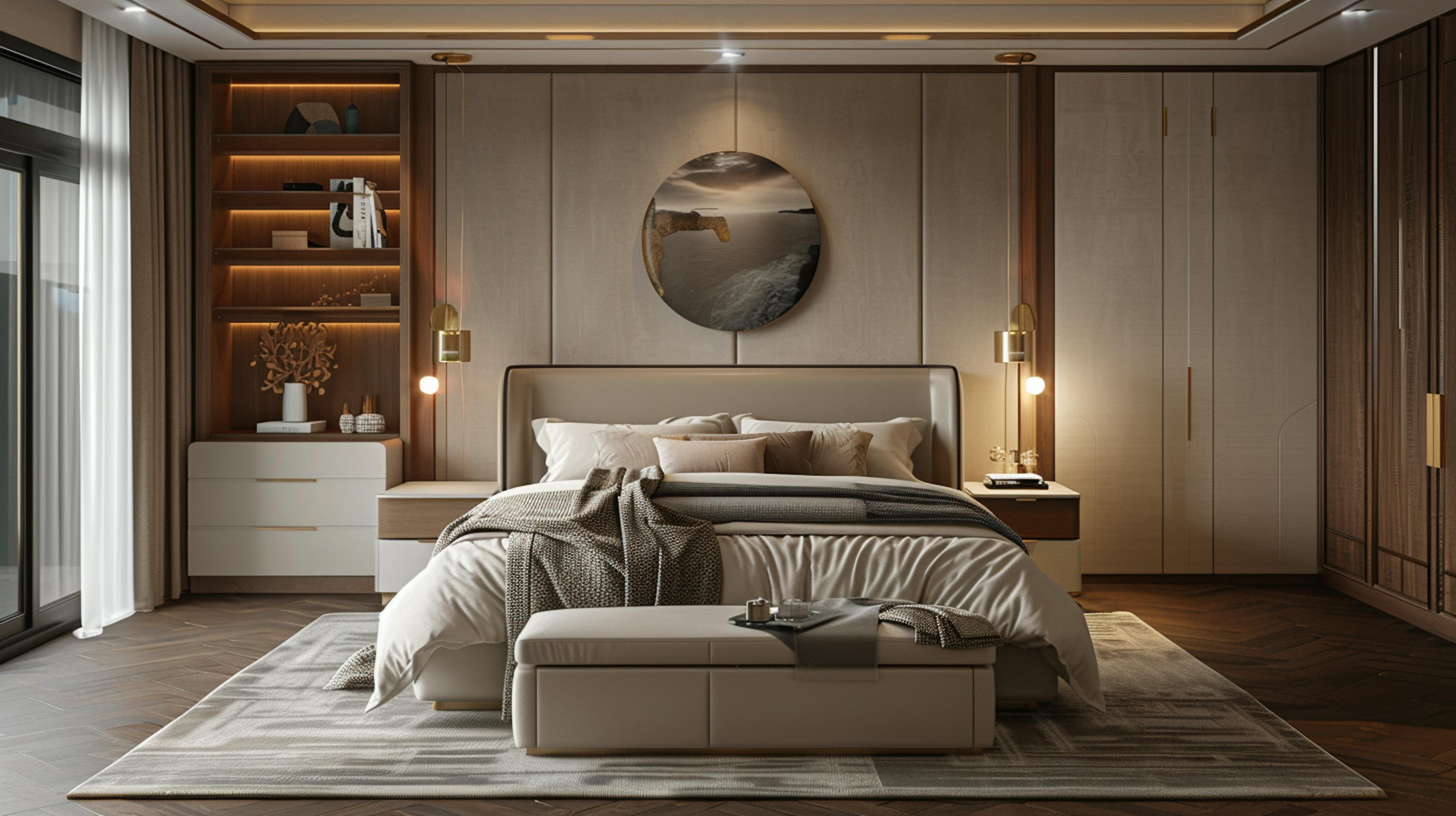 "Contemporary bedroom design with stylish lighting and decor by Eagle Decor"