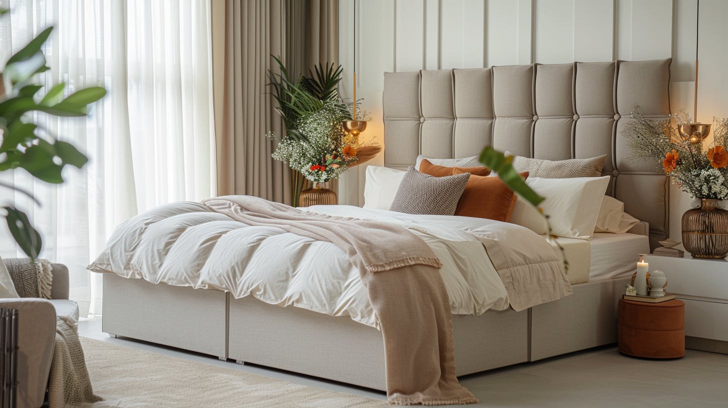 "Serene bedroom with modern design and autumnal outdoor view by Eagle Decor"