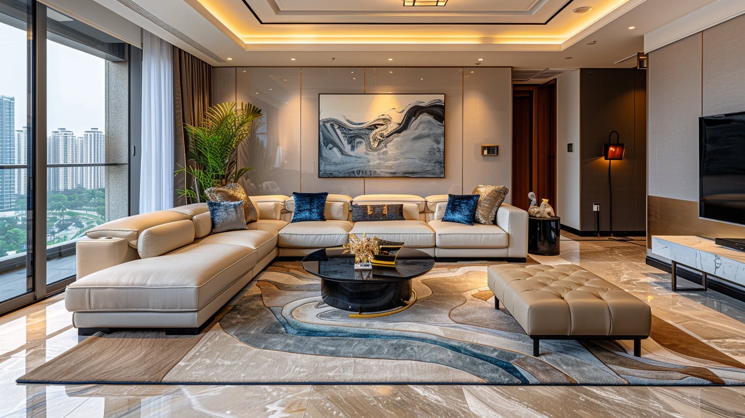 Luxurious living room in a high-rise apartment with city views and sleek, modern decor.