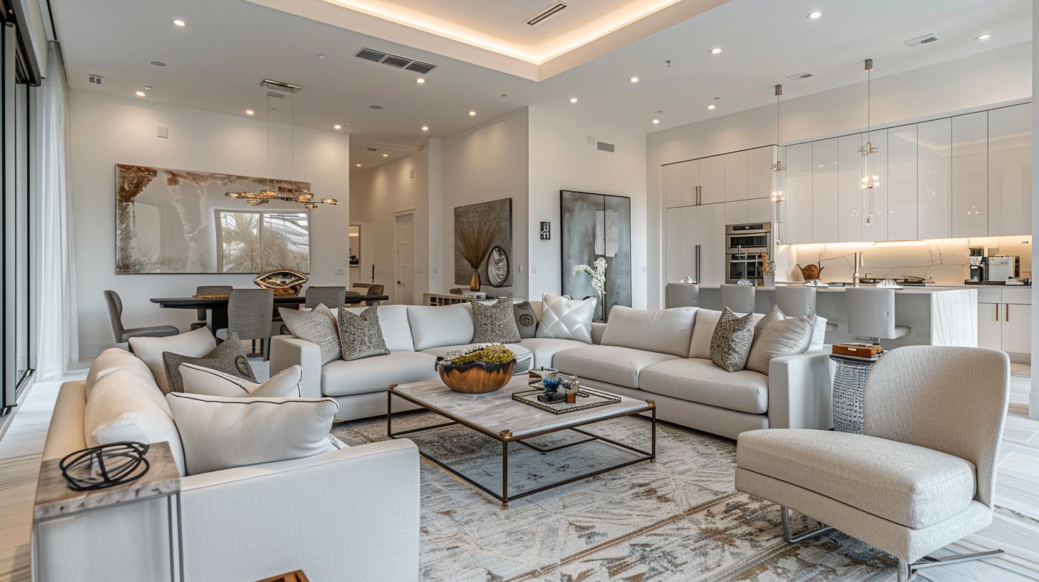 Contemporary open-plan living space with minimalist design by Eagle Decor.