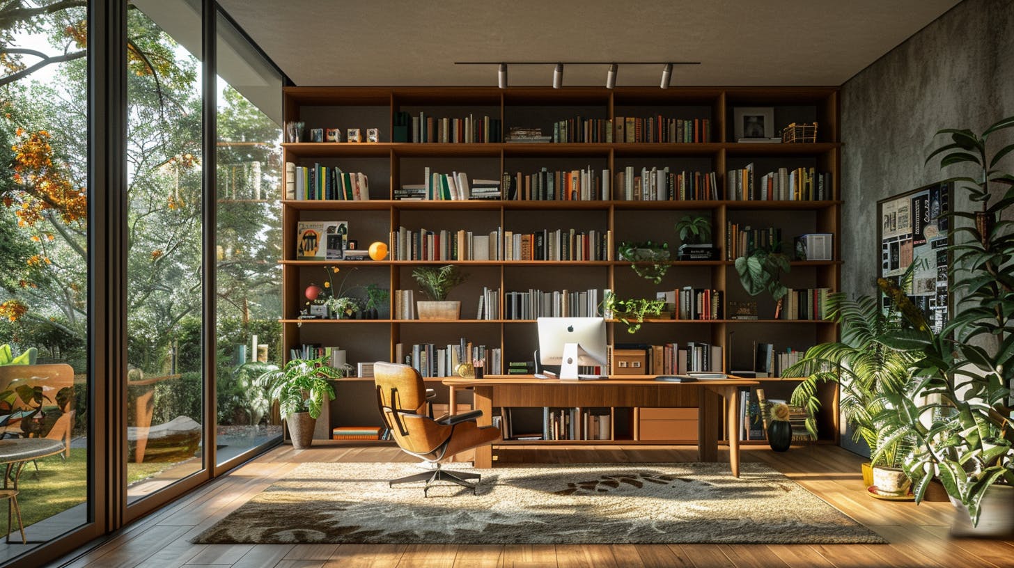 Home office with extensive bookshelf and natural lighting by Eagle Decor.