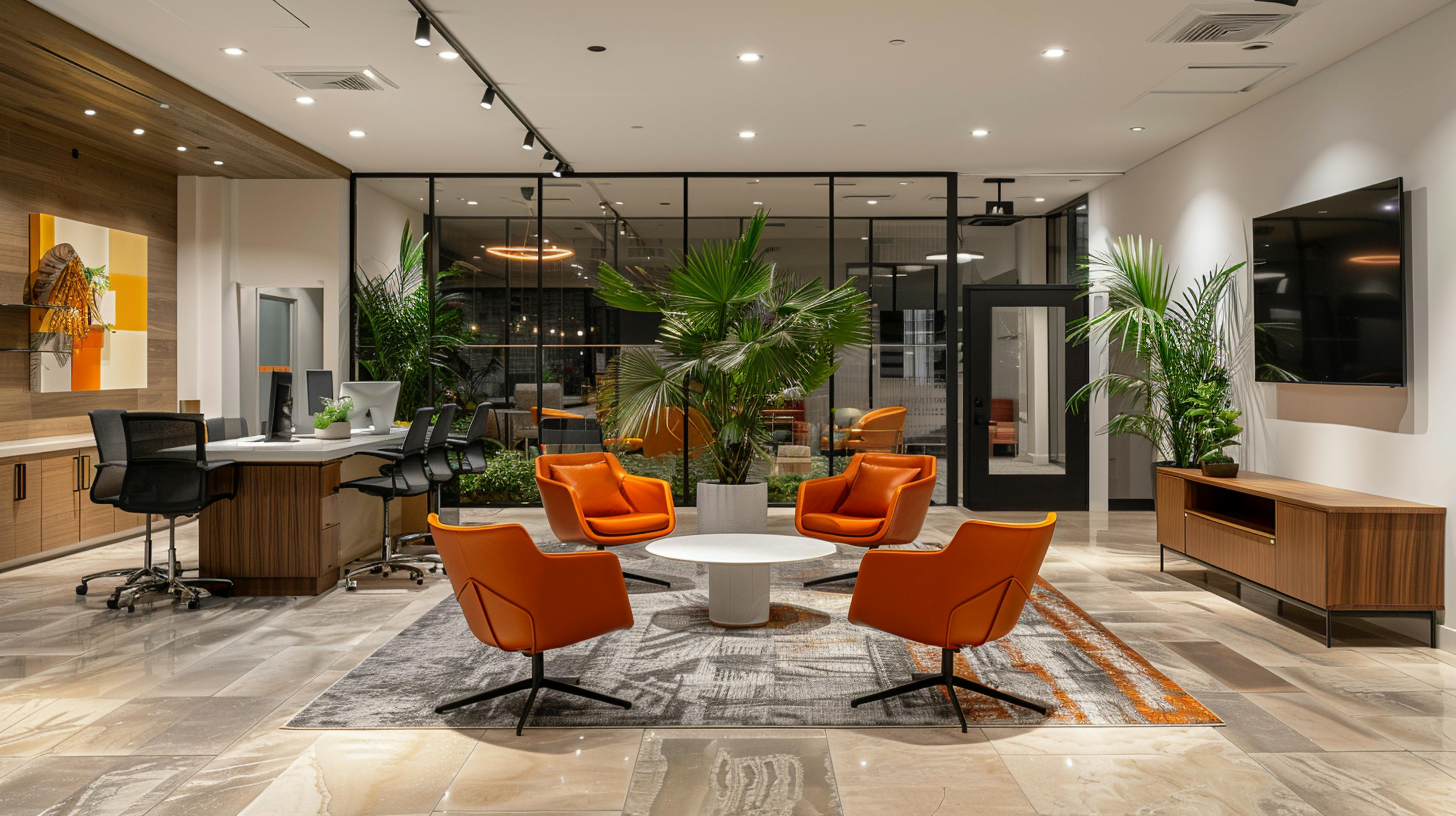 Vibrant office lounge area with orange chairs and contemporary design in Gurugram.