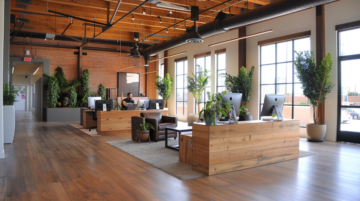 Spacious urban office interior with natural light and greenery, showcasing Eagle Decor's blend of natural and industrial design elements.