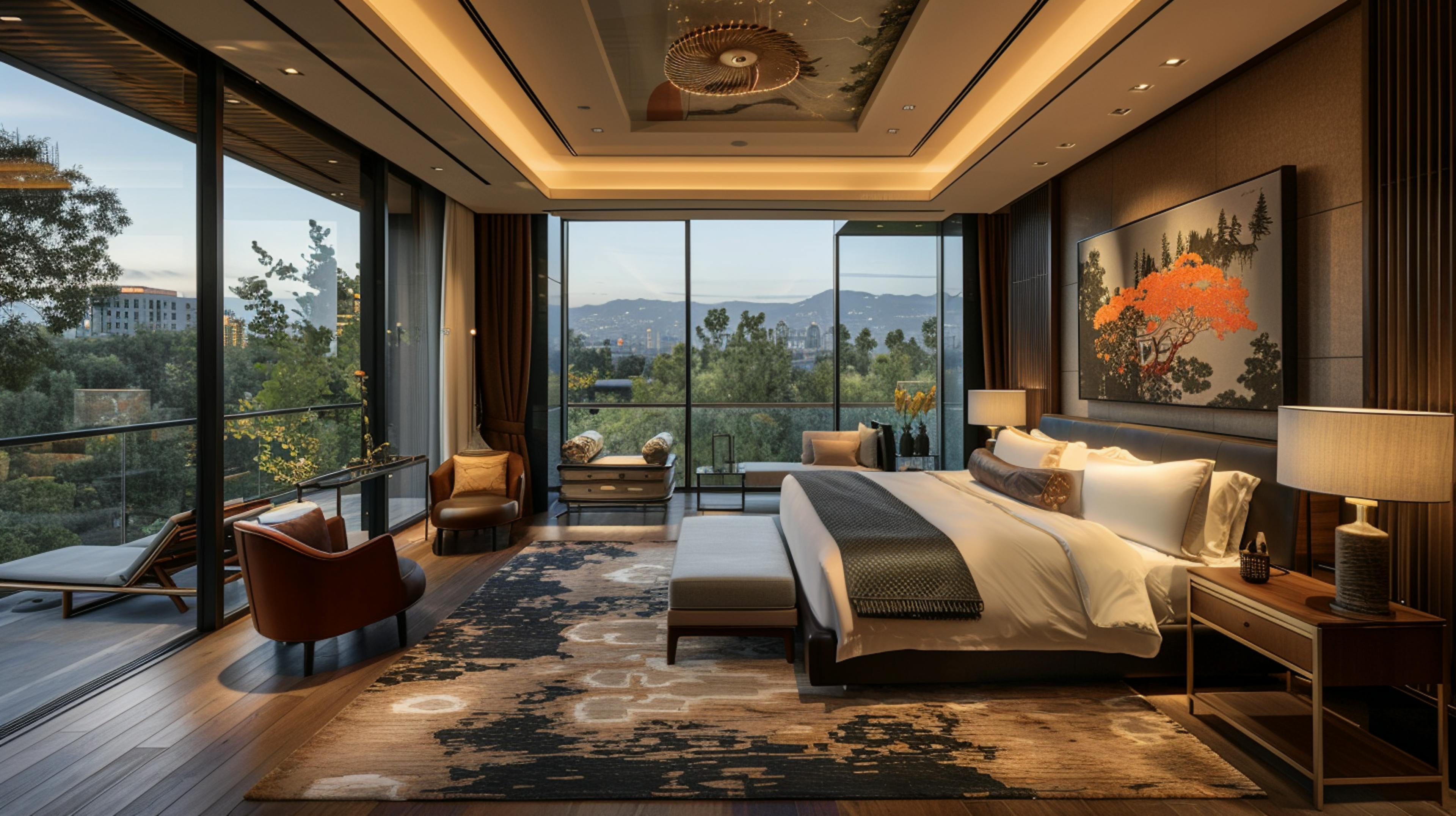 Luxury bedroom with panoramic views and modern decor by Eagle Decor.
