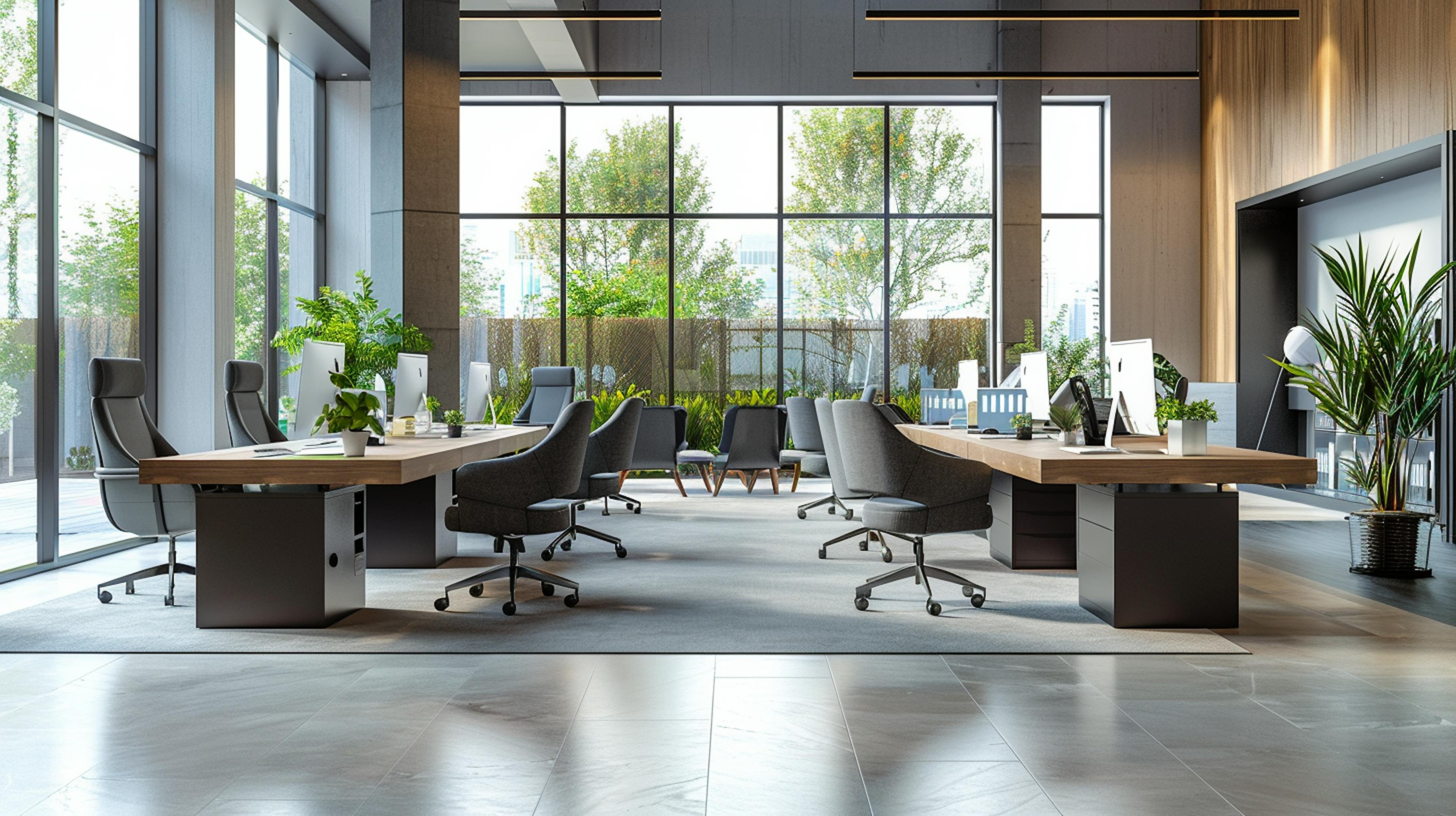 Spacious open office design with natural light and indoor plants by Eagle Decor