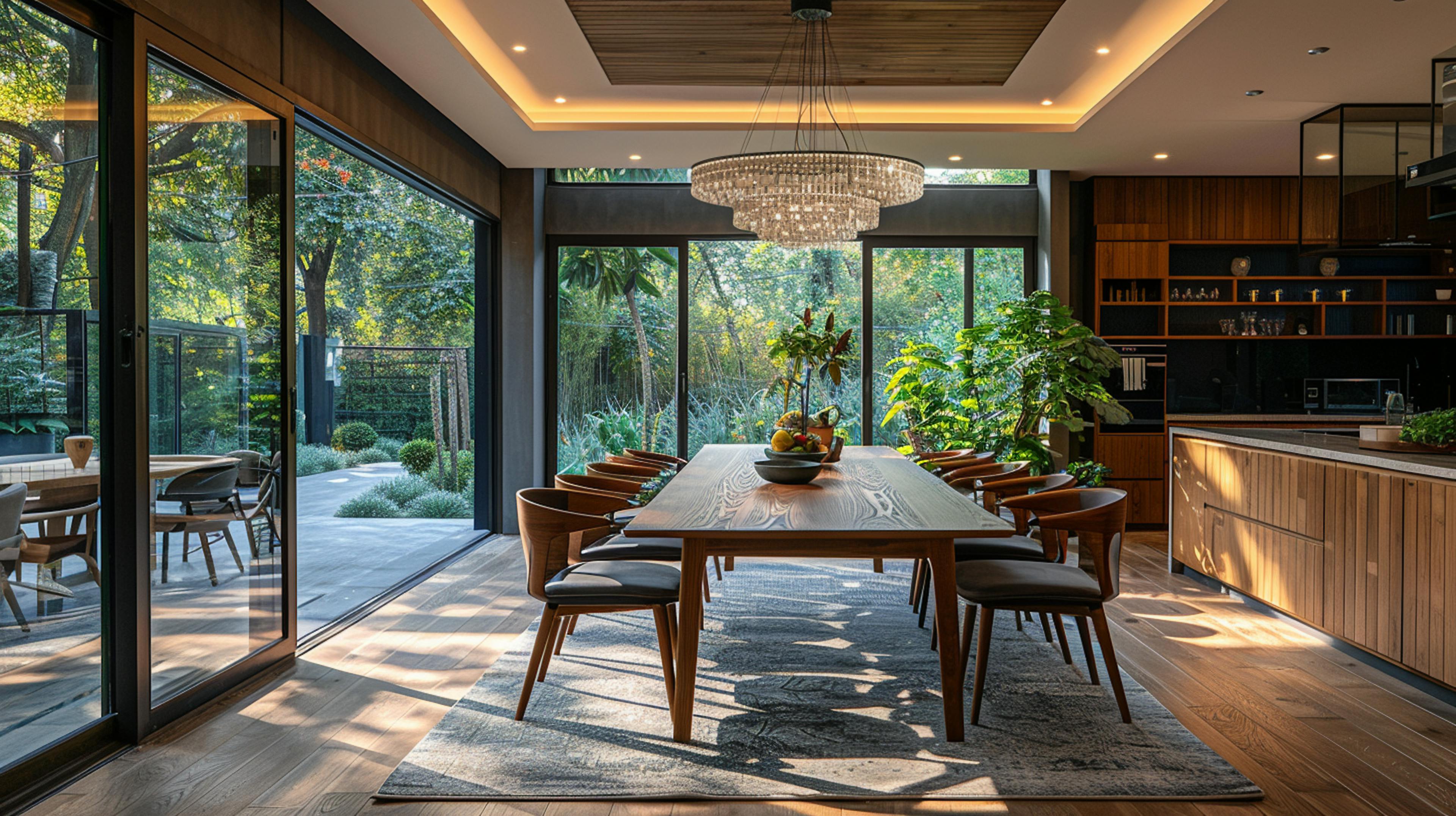 Luxury dining room with natural wood finishes and a nature view at Eagle Decor