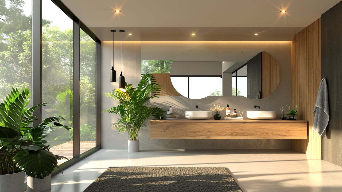 Contemporary bathroom with wood accents and lush greenery view in Noida.