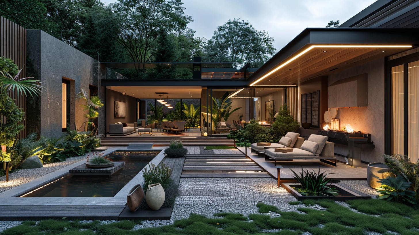 Luxury outdoor lounge with modern furniture and lush greenery by Eagle Decor.