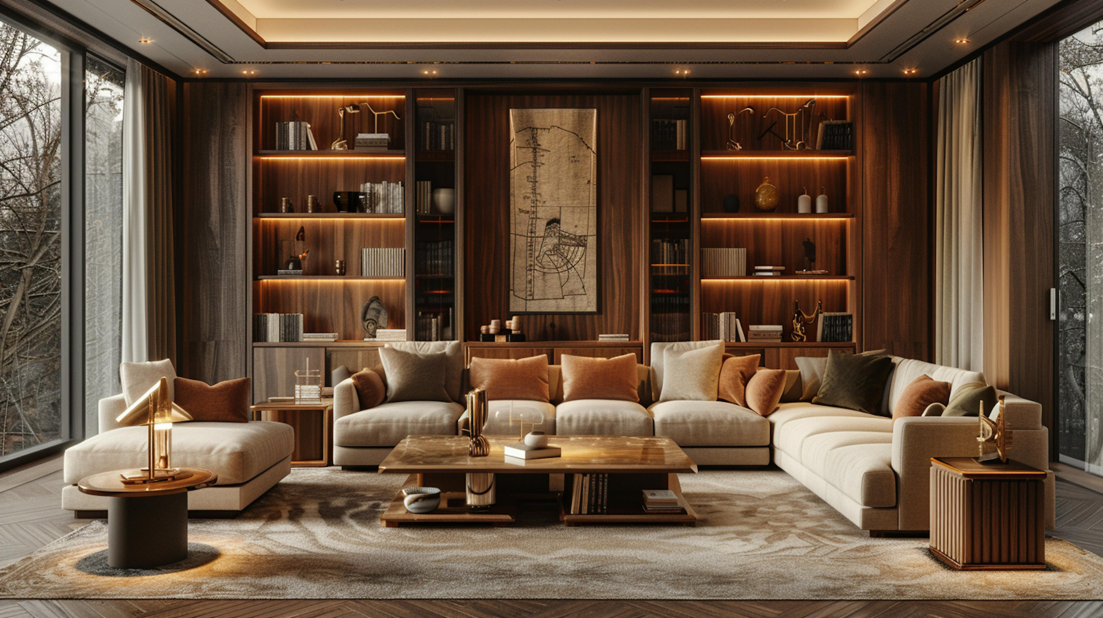 Modern living space with designer furniture and custom shelving, showcasing contemporary interior design.