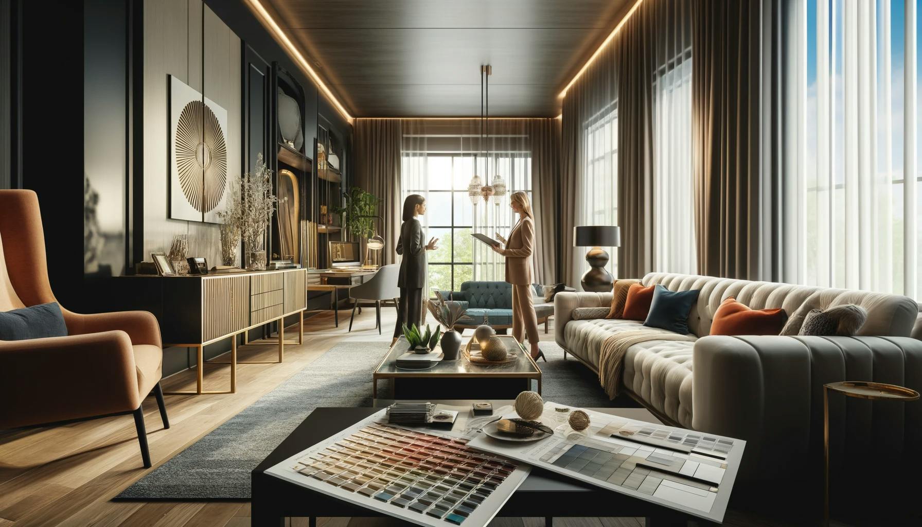 Eagle Decor modern living room showcasing interior design excellence with a designer discussing pricing with a client