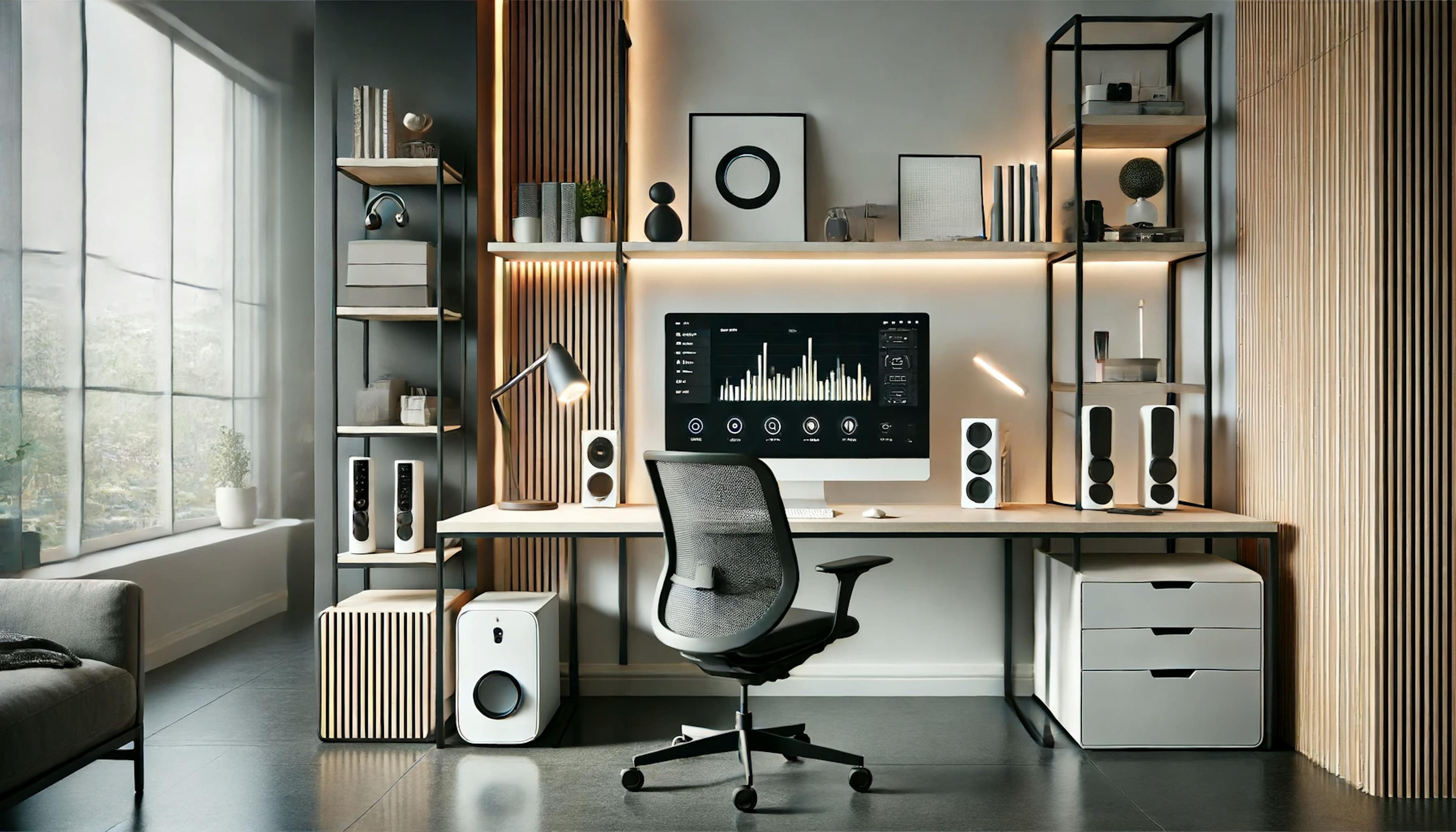 High-tech home office with minimalist furniture, smart devices, and innovative lighting solutions