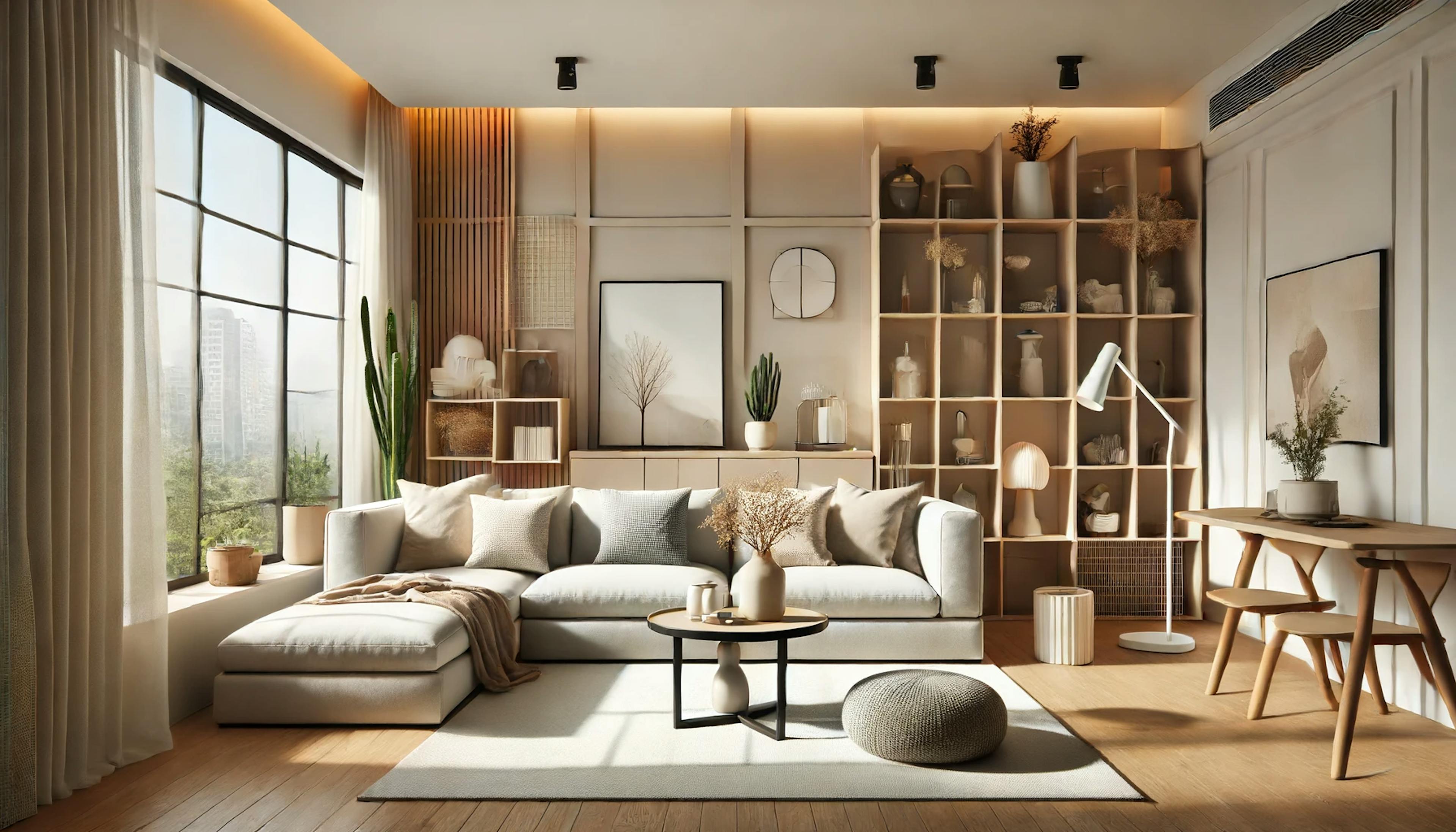 Stylish and cozy living room with affordable modular furniture and decor elements