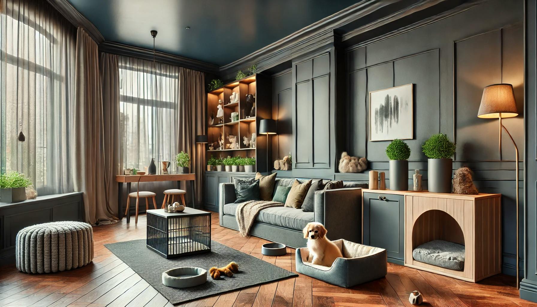 Cozy living room for pet owners with dark walls